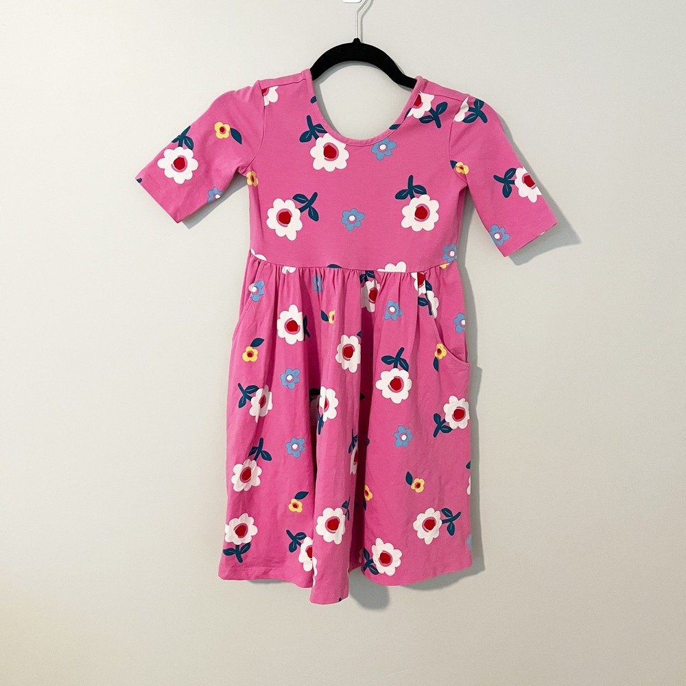 Hanna Andersson Girls Pink Floral Cotton Pocket Skater‎ Dress Size 140 US 10